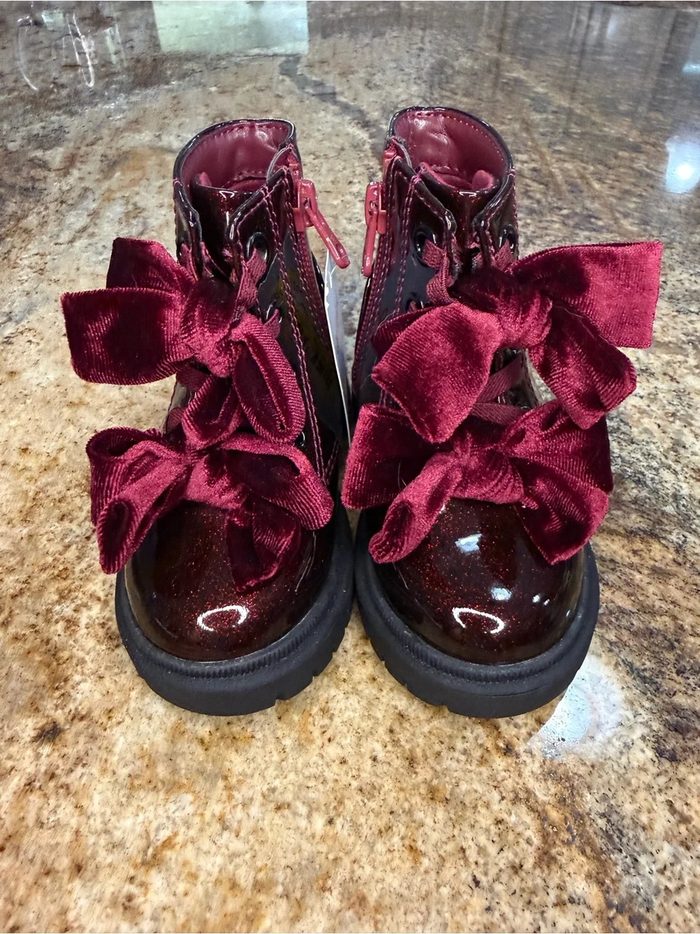 Cat & Jack Girls Maroon Patent Lace-Up Boots with Velvet Ribbon Laces
